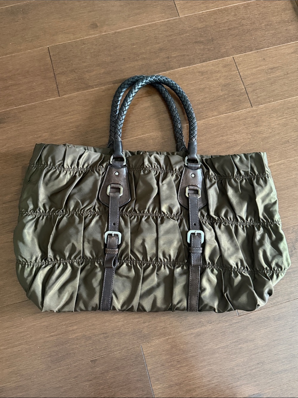 Prada Brown Tessuto Nylon Guafre Tote with Brown Leather Handles - Picture 3 of 5